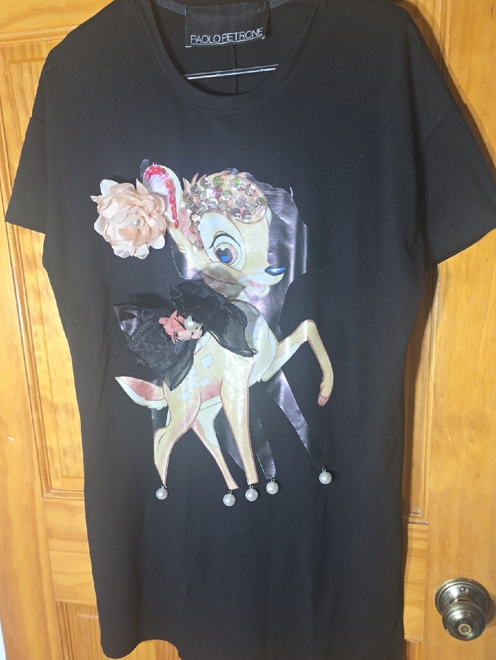 Paolo Petrone Black  Bambi Graphic Tee with Embellishments Made In Italy